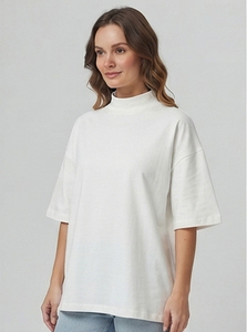 T-shirt décontracté pour femme à épaules tombantes, col montant, coupe oversize, pour usage quotidien, coupe ample, col montant - Product Image 3