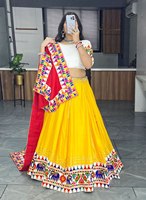 Lehenga Choli Jaune en Coton Gaufré à Séchage Rapide Coupe Classique pour Femme, Longueur Ras du Sol, pour Fêtes, Garba, Dandiya et Festivals Traditionnels