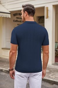 Men's <b>Navy</b> <b>Blue</b> Short Sleeve Knitted <b>Polo</b> <b>Shirt</b> Solid Color Casual Breathable Design Regular Fit - Product Image 3
