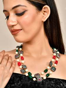 Traditional Rani Haar Layered <b>Pearl</b> <b>Necklace</b> and Earring <b>Set</b> for Women Vintage Indian Wedding Jewelry Brass Silver Plated - Product Image 4