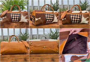 Custom Multifunction Large Capacity Checkered Design <b>Hand</b> <b>Tooled</b> Leather Duffle Bag Genuine Hair-On Leather Travel Outdoors Bags - Product Image 3