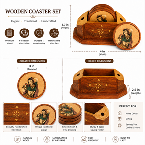 Handcrafted Wooden Tea <b>Coaster</b> Set | Indian Decorative Wood <b>Drink</b> <b>Coasters</b> with Holder - Product Image 5
