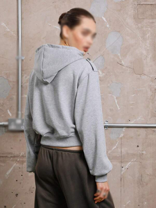 Women's Gray <b>Cropped</b> Fleece <b>Zip</b>-<b>Up</b> Hoodies Casual Sweatshirt Decorative Button Detail Custom Logo Autumn Winter Wholesale OEM - Product Image 3