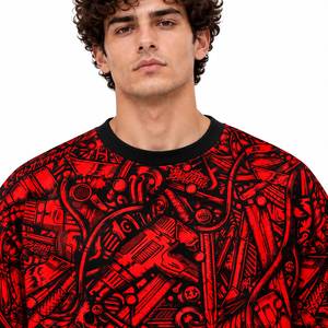 T-shirt à manches courtes surdimensionné pour homme, col rond, imprimé graphique crâne rouge et noir, style streetwear - Product Image 5