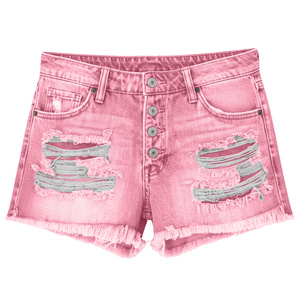 Short en jean déchiré taille haute vintage pour femme, coupe droite, ourlet effiloché, boutons sur le devant, poches, idéal pour l'été et la plage - Product Image 1