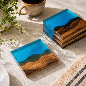 Custom Luxury Square Country Design Olive Wood resin Lightweight Car Cup <b>Coaster</b> <b>Drink</b> Mat on Wood Resin <b>Coaster</b> with Holder - Product Image 3