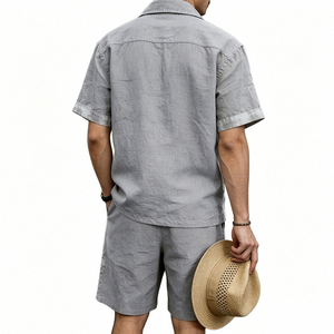 Ensemble chemise et short en lin bleu clair pour homme, tenue décontractée d'été, coton tissé respirant, ensemble deux pièces - Product Image 4
