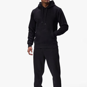 Ensemble de survêtement unisexe noir à capuche, grande taille, 2-en-1, décontracté, manches longues, couleur unie, molleton de coton, pantalon de jogging, tenue d'hiver - Product Image 1