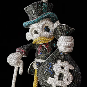 Custom in 925 Multi-Color Micro-Pave Money Bag Wealthy Duck Iced Out Cartoon Billionaire Character Pendant in Colored Diamond - Product Image 1