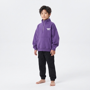 Kids Unisex <b>Hoodie</b> Purple Half-<b>Zip</b> Cotton Fleece Sweatshirt Top With Front <b>Pockets</b> Full Sleeve Drop Shoulder Leisure Wear - Product Image 3