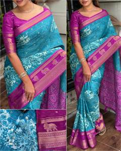 Simple pero elegante Kitty Party Tela de algodón puro especial Impreso digital Rich Pallu Work Peso ligero Fancy Saree con blusa - Product Image 3