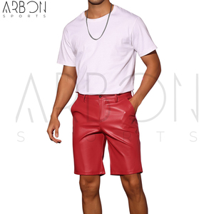 Pantalones cortos de cuero genuino de estilo hip hop personalizados, color rojo, acabado mate clásico, estilo casual urbano, hasta la rodilla, para venta al por mayor. - Product Image 3