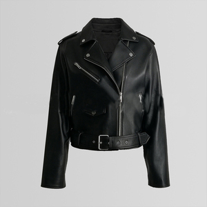 <b>Women's</b> Genuine <b>Leather</b> <b>Moto</b> <b>Jacket</b> Full Sleeve Zipper Closure Solid Color Short Length Spread Collar Autumn Wear - Product Image 4