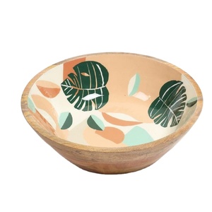 Natural Wooden Salad Serving Bowl <b>Sticker</b> Enamel Printed Custom Made Table Top Wooden Bowl Dough Bowl For Home <b>Kitchen</b> Use - Product Image 1