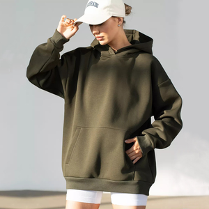Sweat-shirt à capuche surdimensionné pour femme, couleur unie, manches longues, en coton tricoté, respirant, longueur longue, avec poches, pour l'automne - Product Image 1