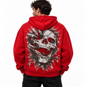 Sudadera con Capucha Extra Grande Roja para Hombre, Sudadera de Felpa con Calavera y Pedrería, Estilo Hip Hop - Product Image 2