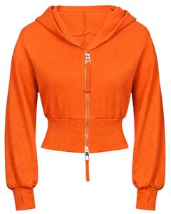 Womens Bright Orange <b>Cropped</b> <b>Zip</b> <b>Up</b> Hoodie Slim Fit Long Sleeve Casual Streetwear Cotton Fleece Sweatshirt Custom Logo Factory - Product Image 1