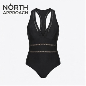 ชุดว่ายน้ำวันพีซสำหรับผู้หญิง NORTH APPROACH คอวีลึก แบบเว้า โชว์สัดส่วน ยืดหยุ่นได้ สีดำล้วน - Product Image 1