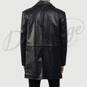 Manteau mi-long en cuir véritable noir de qualité supérieure pour homme - Trench-coat classique en peau de mouton véritable coupe ajustée avec fermeture boutonnée - Product Image 3