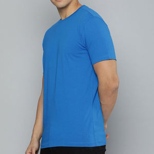 T-shirt en coton bleu pour homme, coupe classique, col rond, manches courtes, couleur unie, jersey tricoté décontracté - Product Image 5