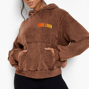 High Quality Women's <b>Brown</b> Cropped Hoodie Drop-Shoulder Oversized Knitted Cotton Blend Front Letter Print Autumn Wear - Product Image 6