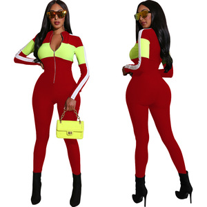 Combinaison longue à manches longues pour femme, noire et vert néon, à blocs de couleur, taille haute, coupe ajustée, fermeture éclair sur le devant, en Spandex et Polyester, style moderne - Product Image 4