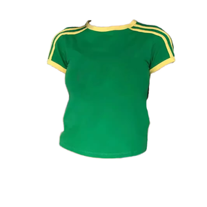 T-shirt pour femme, vert uni, col rond, manches courtes, avec décoration de rayures jaunes, tricoté, coupe ajustée, respirant, décontracté, été - Product Image 2