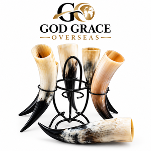 GOD GRACE OVERSEAS Eco-friendly <b>Buffalo</b> <b>Horn</b> Mug Set Natural Polished Rustic Drinking <b>Horns</b> with Metal Stand Home Decoration - Product Image 1