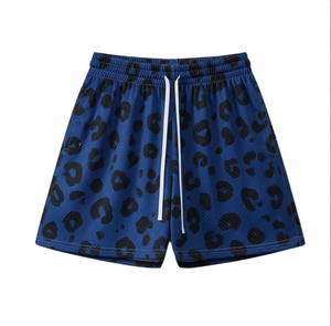 Pantalones Cortos Deportivos de Malla con Estampado de Leopardo para Hombre, 100% Poliéster, Secado Rápido, con Cordón Ajustable, Azul y Negro - Product Image 1