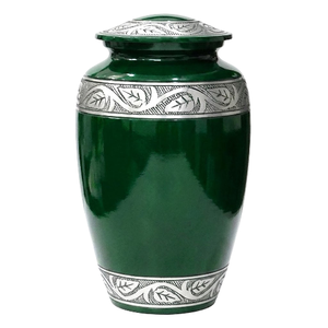Urnas funerarias de aluminio para adultos con banda grabada, acabado plateado y verde, urnas metálicas para cenizas humanas. - Product Image 1