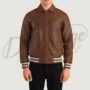 Chaqueta Bomber de Cuero Genuino Marrón para Hombre con Cuello Clásico de Camisa y Puños Acanalados a Rayas, Prenda Deportiva de Cuero Completo de Primera Calidad - Product Image 3
