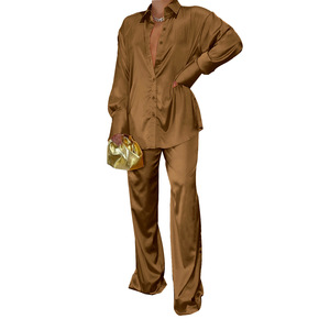 Conjunto de Pantalones Rectos para Mujer, Blusa Holgada de Dos Piezas, Atuendo Casual con Camisa de Manga Larga, Conjuntos Elegantes de Satén para Mujer 2026 - Product Image 6