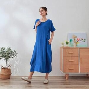 Robe midi vintage en coton à taille haute, manches cloche, avec nœud, coupe trapèze, pour l'été, à manches courtes, en gaze douce et légère, tenue d'intérieur naturelle - Product Image 1