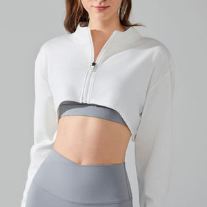 ZULARI IMPEX Women's Cropped Long Sleeve <b>Zip</b>-<b>Up</b> Jacket Solid Color Fitted Activewear Polyester Gray and <b>White</b> Sportswear - Product Image 4
