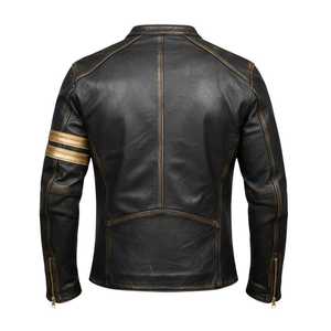 Veste de moto en cuir véritable noir pour homme, col montant, fermeture éclair, avec poches - Product Image 3