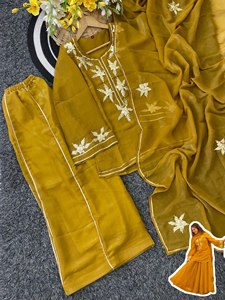 Ensemble chic et élégant en chiffon croquant de qualité supérieure, comprenant un kurti à col en V brodé, un pantalon brodé assorti et un dupatta, idéal pour les festivals et les occasions ethniques. - Product Image 4