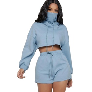 <b>Women's</b> Light Blue <b>2</b>-<b>Piece</b> Hooded Crop Top Shorts Set Casual Loose Fit Spring Summer Solid Color Fleece <b>Outfit</b> - Product Image 4
