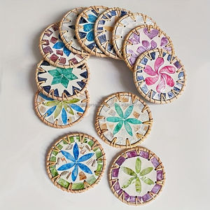 Handmade Mother of Pearl Coaster Rattan Rim <b>Round</b> Cup Coasters Southeast Asia <b>Round</b> Colorful Coasters From India - Product Image 1