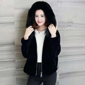 Womens Black Plush Hooded <b>Coat</b> Cashmere Thick Warm Short Jacket Korean Style Winter - Product Image 2