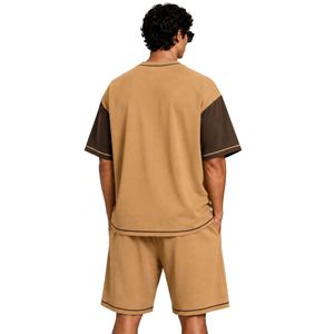 Camel Brown Mens Oversized <b>T</b> <b>Shirt</b> And Shorts Set Dark Brown Contrast Sleeves Custom Logo Casual Streetwear Summer Wholesale - Product Image 2