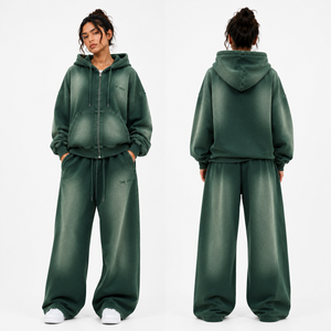 ชุดเซ็ตสตรีทแวร์ ONE APEX เสื้อฮู้ดดี้โอเวอร์ไซส์ทรงหลวมแบบซิปเต็มตัว ล้างสีแบบแอซิดวอช สีเขียวฟอเรสต์ ผ้าเฟรนช์เทอร์รี่เนื้อหนา พร้อมกางเกงขายาวทรงกระบอก - Product Image 3