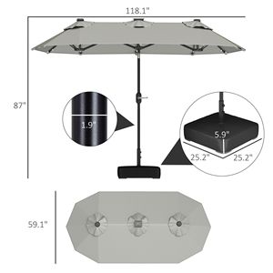 Ombrellone da Esterno a Doppia Faccia con Luci Solari e Base, Raggio 3m, per Tavolo da Pranzo, Grigio, con Pulsante di Inclinazione per Giardino e Cortile - Product Image 3