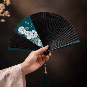 Handmade Modern Folding <b>Fan</b> with Floral Design Painted Green Tassel Art Collectible Wooden <b>Stand</b> Display - Product Image 2