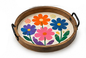 Floral Serving <b>Tray</b> With <b>Wooden</b> Frame Painted Flowers Decorative Residential Use - Product Image 5