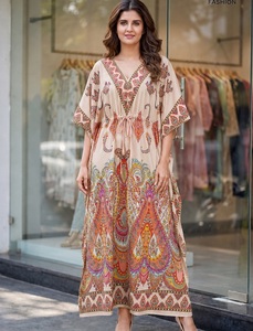 <b>Women</b> Boho Digital Print Rayon Recycled Materials Regular Fit Ankle-Length Casual All Seasons <b>Kurta</b> Dress India Pakistan Style - Product Image 1