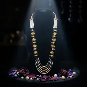 5 Layer Black Imitation <b>Pearl</b> Necklace <b>Set</b> Gold Plated Floral Ethnic Wedding Fashion Jewelry for Women - Product Image 1