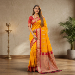 Sari de seda amarillo con borde y trabajo de tejido Zari, ropa tradicional de boda para mujeres, estilo India-Pakistán - Product Image 1