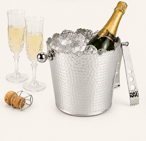 Seau à glace en argent martelé avec pinces, seau à champagne en acier inoxydable à bord ondulé moderne, bol refroidisseur à vin pour hôtels et bars - Product Image 2