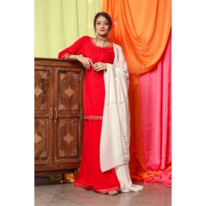 Vestido de Gasa Rojo Intenso con Dupatta Blanca, Silueta Recta y Cintura Natural - Product Image 6