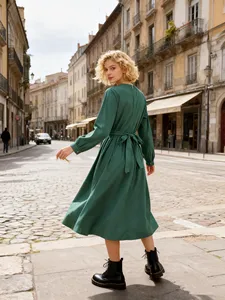 Vestido Midi de Algodón Verde Esmeralda para Mujer, Manga Larga, Corte en A, Fluido, Elegante, Casual, Vestido de Verano - Product Image 5
